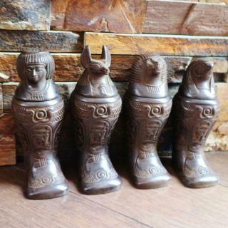 Antique Set Of 4 Egyptian Ancient Canopic Jars Organs Funerary Statues X - Large