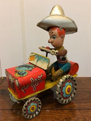 Fun Vintage Unique Art Wind Up Tin Toy,  Rodeo Joe Crazy Car