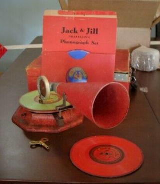 Jack and Jill Child ' s Phonograph with Horn /records Not Victor in CASE 2