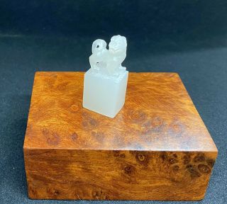 Chinese Hand Carved Mutton Fat White Jade Lion " Fu " Dog Chop Seal 13.  3 Gr 3.  75cm