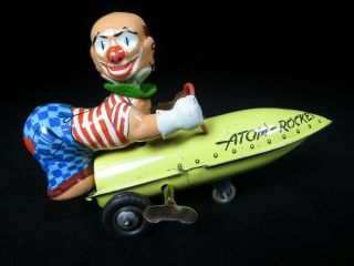 Rare Vintage German Wind Up Karl Bub 1950’s Tin Sparkling Atom Rocket With Clown