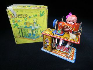 Rare Vintage Early 1950’s Marusan Tin Windup Lucky Baby Sewing Machine Orig Box