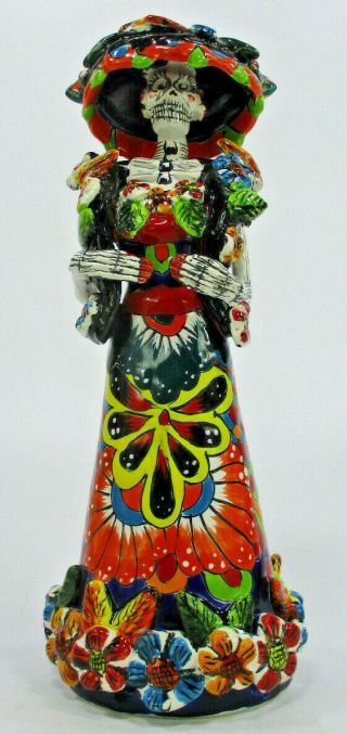 11 " Talavera Catrina Colorful Mexican Pottery,  Day Of The Dead Figure