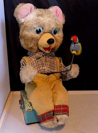 Vintage Rare Tin Battery - Operated Jolly Bear Wt Robin Toy,  Modern Toys Japan Af