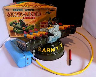Vintage Tin Battery - Op Remote Control Guided Missile Launcher,  Y Co.  Japan.  Exib