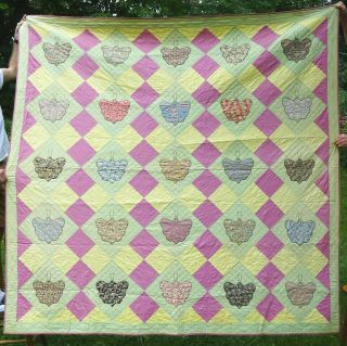 Vintage C 1930s Hand Sewn Butterfly Applique Quilt,  Feedsack & Pastel,  82 " X 83 "