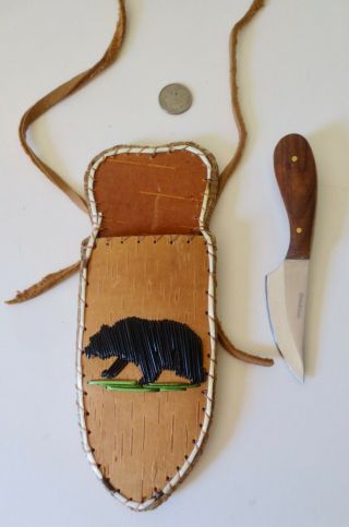 Neck Knife; BEAR 3 on quill/birchbark sheath,  skinning knife P St John,  Mohawk 3