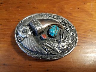 Ssi Handcrafted Silver Belt Buckle With Bear Claw And Turquoise Beautifu