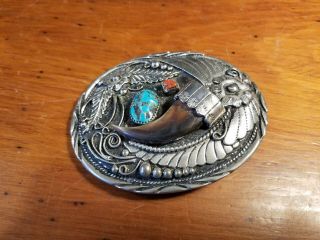 SSI Handcrafted Silver Belt Buckle with Bear Claw and Turquoise Beautifu 2