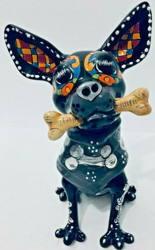 Mexican Pottery Chihuahua Animal Talavera 12 " Dog Day Of The Dead Figure