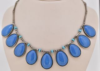 Vintage Mexican Sterling Silver Blue Stone Necklace Oval Turquoise Statement