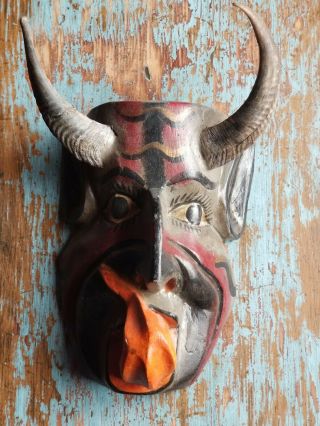 Guerrero Mexican Folk Art Carved Wood Mask Devil Diablo Real Goat Horns