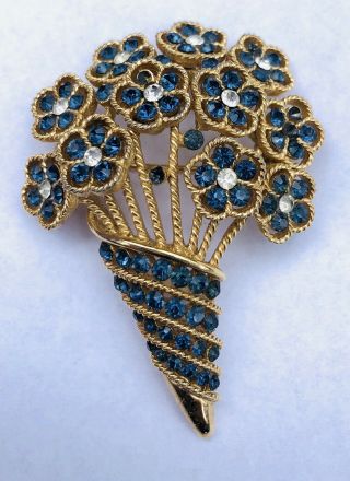 Vintage Signed Crown Trifari Blue Flowers Rhinestone Brooch Pin