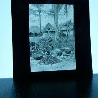 Colonial African tribes people cooking huts magic lantern glass slide 2