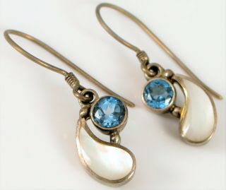 Vtg Designer Signed Sajen Sterling Silver Mother Of Pearl Blue Topaz Earrings