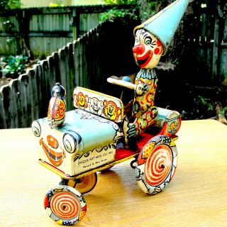 Artie The Clown And His Dog Jojo Car,  Vintage Tin Wind - Up Toy By Unique Art Mfg.