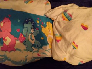 Vintage Care Bears Full Bedding Sheet Set Rainbow Hearts Tcfc Flat Fitted Bed