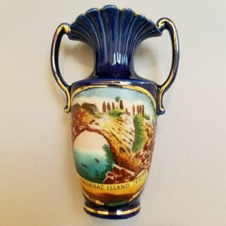 Vintage Mackinac Island Michigan Blue Souvenir Vase,  4&1/4 " Tall
