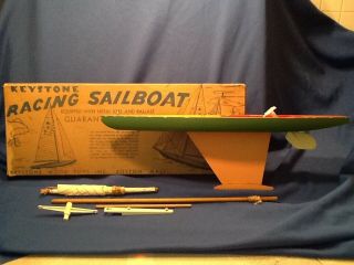 Vintage Keystone Racing Sailboat Wooden Pond Boat 17 1/2 " - W/ Box