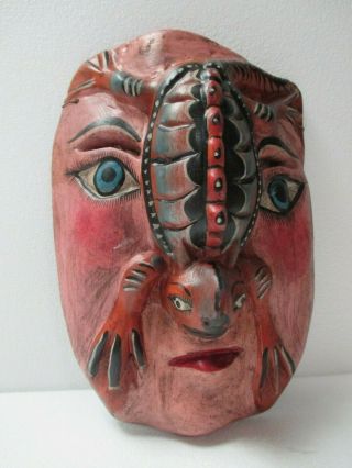 Mexican Nahua Folk Art Guerrero Carved Wood Wall Mask Lizard Face 11 "