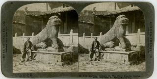 China Canton Lion Guarding Entrance To Five Story Pagoda Stereoview 35 21726