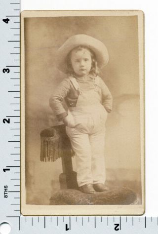 Vintage Cabinet Photo - Little Girl In Overalls And Cowboy Hat Hands In Pockets