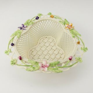 Vintage Belleek Irish Porcelain - Hand Painted Reticulated Basket Formed Bowl