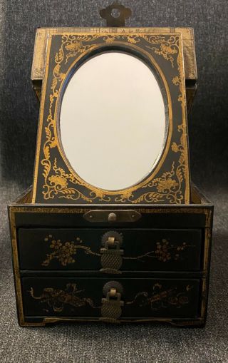 Vintage Black Wooden Chinese Jewelry Box with 2 Drawers & Mirror 2