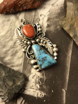 Abraham Begay Navajo Sterling Silver Turquoise & Red Coral Pendant Jl 052320ba@