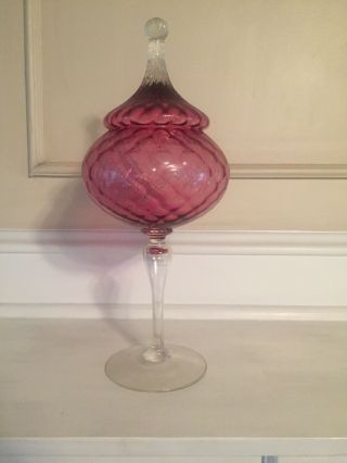 Vintage Empoli Ribbed Optic Pink Art Circus Tent Glass Apothecary Jar Italy