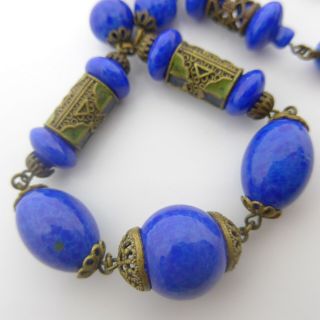 Vintage Czech Neiger Art Deco Glass Bead Necklace - Lapis Blue Enamel Beads