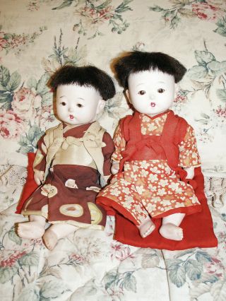 Bisque Dolls,  Japanese Twin Baby Boy & Girl In Kimonos,  W/pillows Vintage 1950s