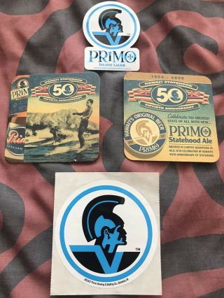 2 Primo Hawaiian Beer Hawaii Statehood 50th Anniversary Coasters & 2 Stickers