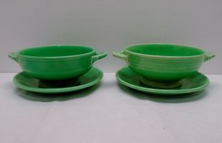 2 Vintage Fiesta Ware Hlc Green Fiestaware Handled Cream Soup Bowls And Saucers