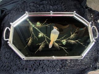 Vintage,  Silver - Reverse Glass Painting,  Mother Of Pearl Serving Tray
