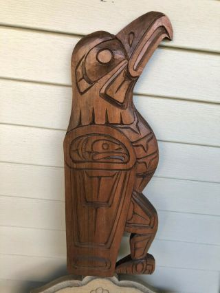 Northwest Coast Native Art Large Eagle With Salmon Sculpture Carving Signed