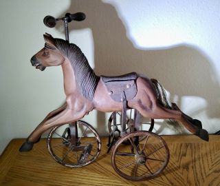 Antique/vtg Carved Wood Horse Tricycle 23x18 " X9 " Leather Saddle Iron Folk Art