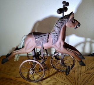 Antique/VTG Carved Wood HORSE TRICYCLE 23x18 