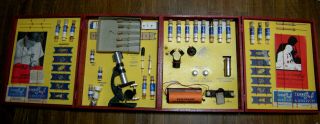 Science Craft Master Deluxe Microscope Outfit 3025 In Large Wooden Case,  1951