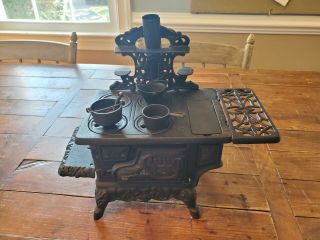 Vintage Crescent Cast Iron Mini Wood Cook Stove Toy W/ All Accessories - Exc