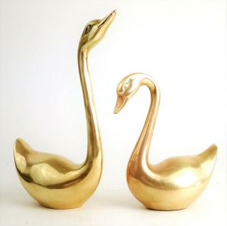 Vintage Solid Brass Swans Figurines - Mid Century Decor Statuettes - 9 "