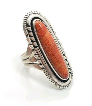 Vintage Sterling Silver 925 Coral? Native American Running Bear Ring Sz 7.  75