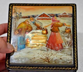 Russian Lacquer Box Mother Pearl Fedoskino " Three Girls " Hand Painted - Signed