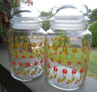 Vintage Clear Glass Canisters With Yellow And Red Tulip Design