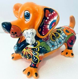 Mexican Pottery Animal Talavera Dog Figure Dachshund Wiener Folk Art