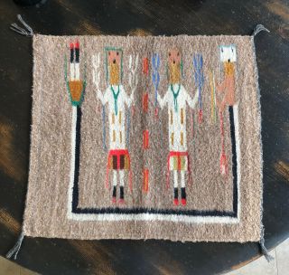 Vintage Native American Navajo Yei Rug Hand Woven Small Rug 21”x24” Estate