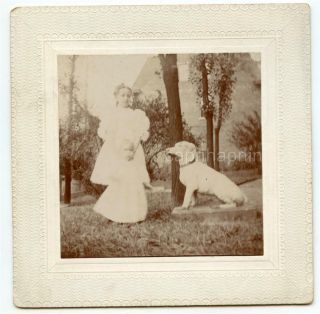 Creepy Ghostly Edwardian Kids Girls Stand By Dog Statue Dreamy 1900s Photo