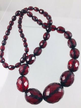 Vintage Cherry Amber Bakelite Graduated Bead Necklace Hidden Clasp 24 " 55g