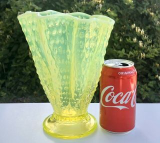 Vintage Fenton Topaz Opalescent Hobnail Large Scalloped Vaseline Glass Vase