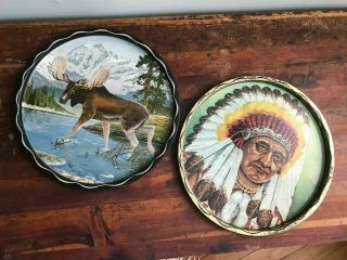 2 Vintage Painted Tin Round Metal Trays Indian Chief & Moose 11 Inch